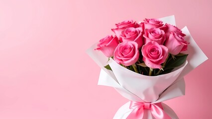 A bouquet of pink roses wrapped in white paper with a ribbon