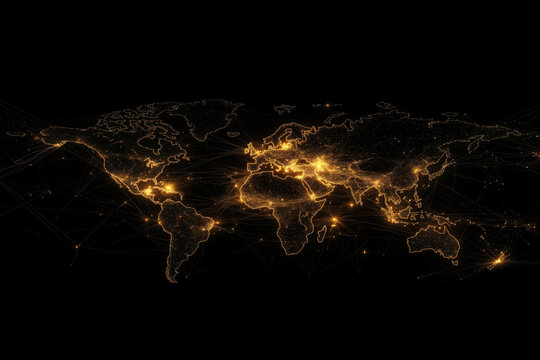 A map of the world is shown in gold on a black background