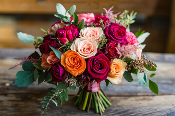 Obraz premium A bouquet of flowers sitting on top of a wooden table