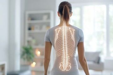 Woman with Scoliosis in Casual Clothes Standing with Slight Back Arch and Transparent Skeleton Overlay in Bright Lighting with Neutral Background