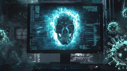 Cybersecurity breach alert skull graphic on computer monitor in digital lab dark environment futuristic concept
