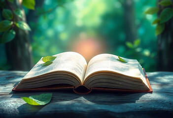 An open book against the backdrop of nature