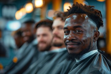 A diverse group of men smiling in a modern barbershop, showcasing camaraderie and relaxed atmosphere.