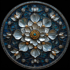 A circular mandala pattern, glowing in metallic hues of silver and turquoise (home decor) generative AI