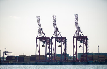 view of three tall metal crane next to the water in summer against a clear sky on a sunny day