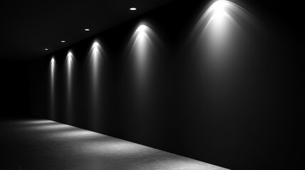 A dimly lit corridor with spotlighting along a dark wall, creating a dramatic atmosphere.