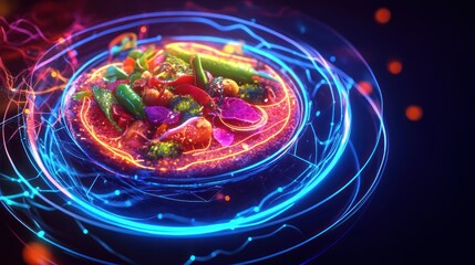 Vibrant vegetable pizza with glowing energy effect.