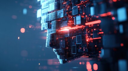 Obraz premium Abstract digital human head formed by circuit board, glowing red and blue.