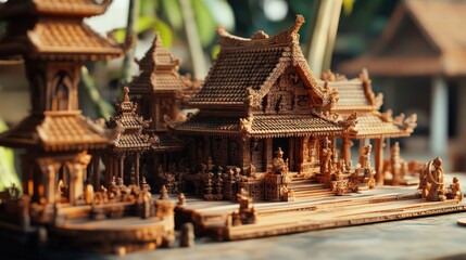 Intricate wooden model of an Asian temple complex, showcasing detailed carvings and architecture.