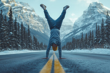 Handstand amidst the breathtaking landscapes of Banff National Park