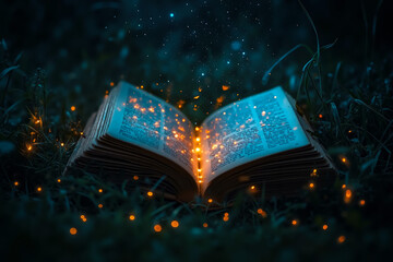 An open book with glowing pages in the grass