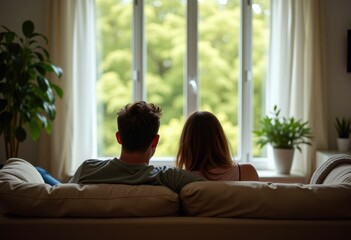 A couple sits on a couch looking out a window at a tree filled view.