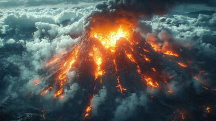 A dramatic scene of a volcanic eruption surrounded by thick clouds of smoke and ash.  