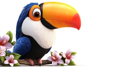 Colorful cartoon toucan perched among flowers in a vibrant jungle setting