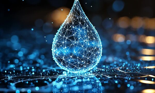 Digital blue wireframe water drop.