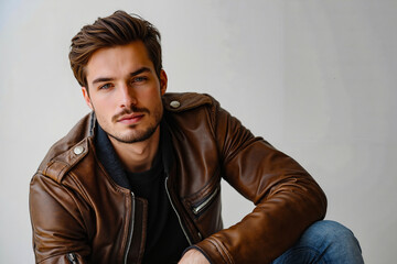 A man in a brown leather jacket sitting on a chair