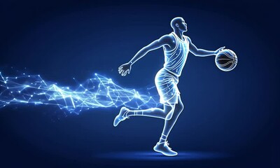 Energetic blue basketball player outlined in lights dribbles. - Powered by Adobe