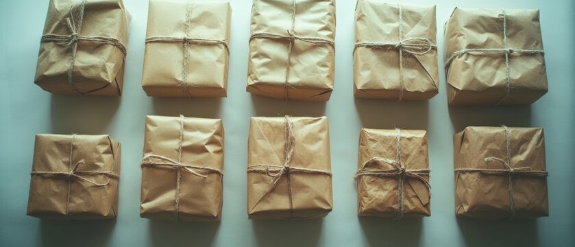 ten brown paper packages tied with string on a white surface