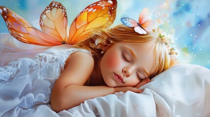 Whimsical fairy encounter sleeping girl with butterfly wings in dreamy fantasy setting
