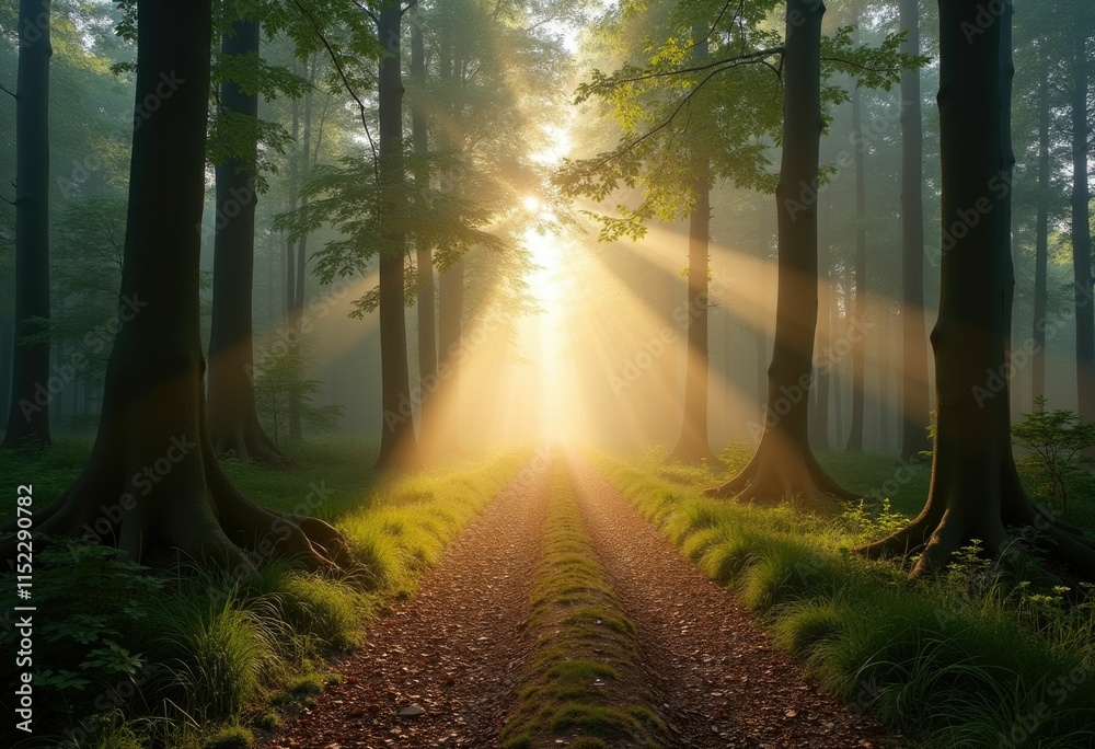 Poster sunbeams pierce through misty forest illuminating a path.