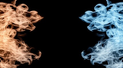 Dynamic red and blue flames blend seamlessly in an abstract smoke explosion, creating a striking visual effect against a dark background