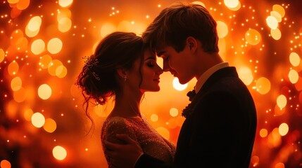 A romantic couple sharing an intimate moment against a warm, glowing backdrop.