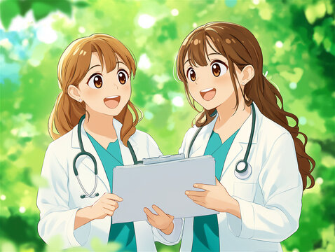 Two animated medical professionals, depicted in cheerful anime style, discussing a clipboard in a friendly and approachable manner. Health and teamwork concept.