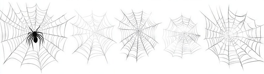 Set of realistic spider webs on a transparent background, vector graphics with black outlines, white-colored web frames, each letter made from different web frames, a clip art set, vector graphics wit
