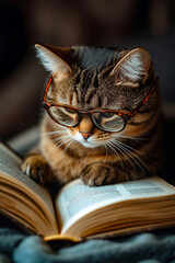A cat wearing glasses laying on top of an open book