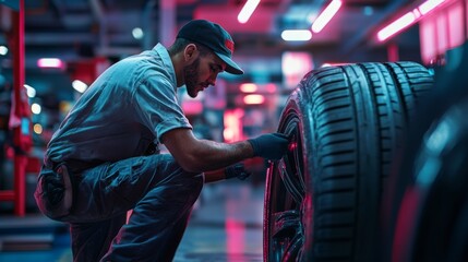 A skilled technician inspects a tire in a modern auto shop. The vibrant lighting adds a dynamic atmosphere to the task. Attention to detail is crucial. Generative AI