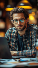 Man working at a laptop computer wearing a checkered shirt.