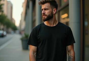 Fototapeta premium A young man with a beard wearing a black t shirt walks down a city street.