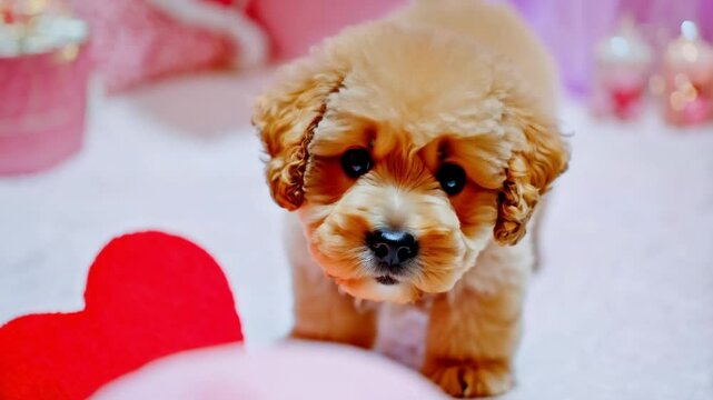 Adorable Lagotto Romagnolo puppy holding a soft red heart, a playful and romantic Valentine's Day concept.