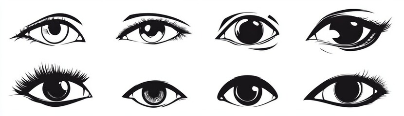 Simple clip art of eyes with different types and shapes, in black ink on a white background. 