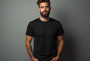 Obraz premium A man with a beard and a black t shirt stands in front of a grey background.