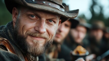 Obraz premium Western gathering of rugged cowboys rustic landscape portrait photography outdoor setting adventure spirit