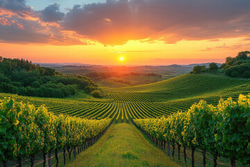 Fototapeta premium Sunset over Vineyard Rows