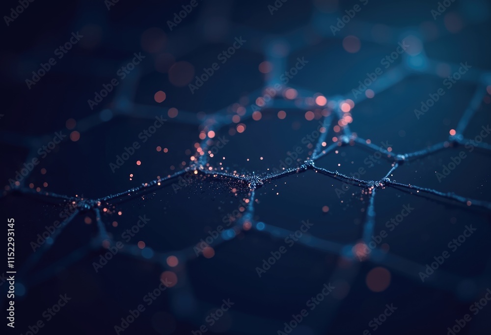 Aufkleber Abstract hexagonal pattern with glowing particles on a dark blue background.