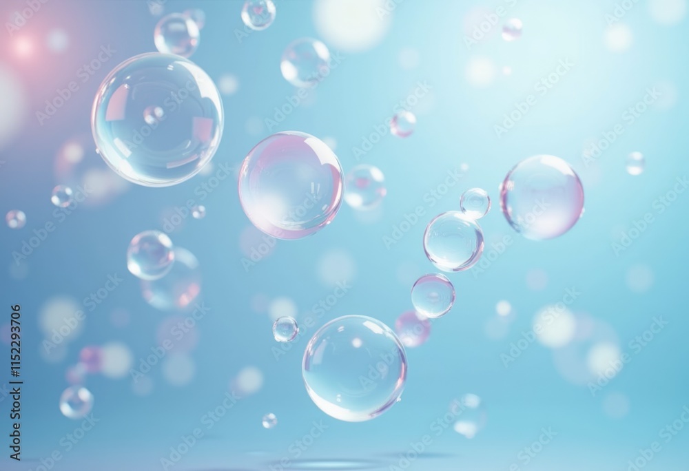 Poster A cluster of transparent bubbles float against a soft blue and pink background.