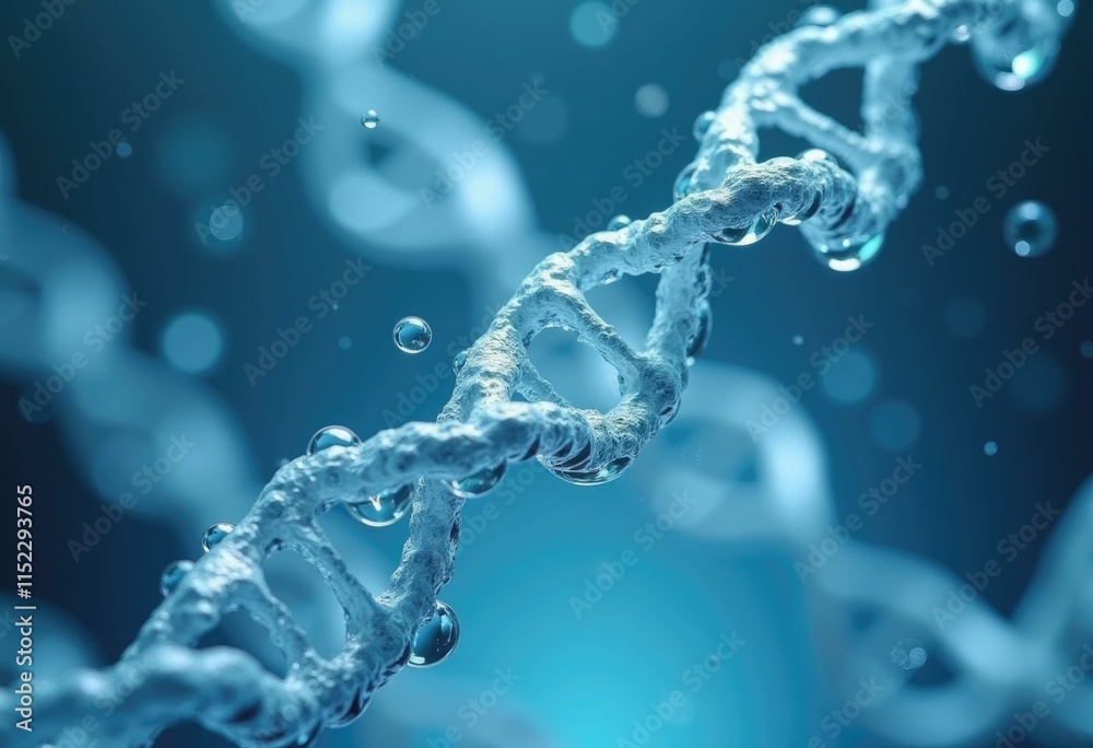 Poster A close up of a DNA double helix submerged in water  with water droplets clinging to the structure.