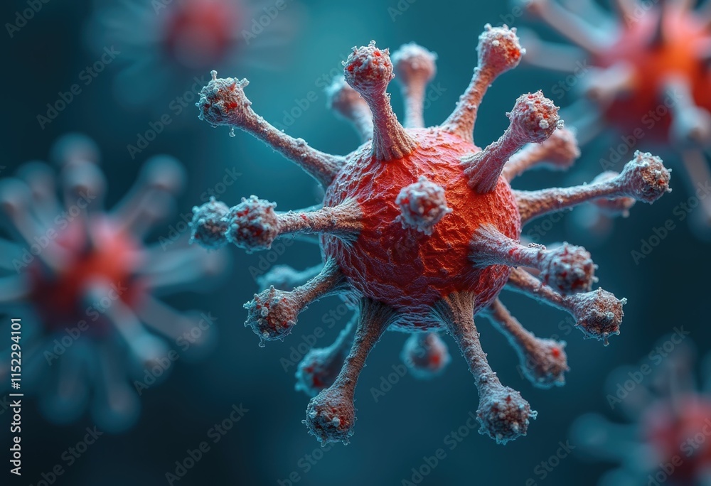 Poster A microscopic 3D rendering of a virus  illustrating its complex structure.