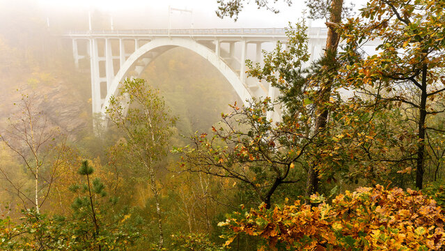 railway bridge in Bechyně, which is called Duha. Autumn morning mists at the Rainbow Bridge in Bechyně, Tabor region.