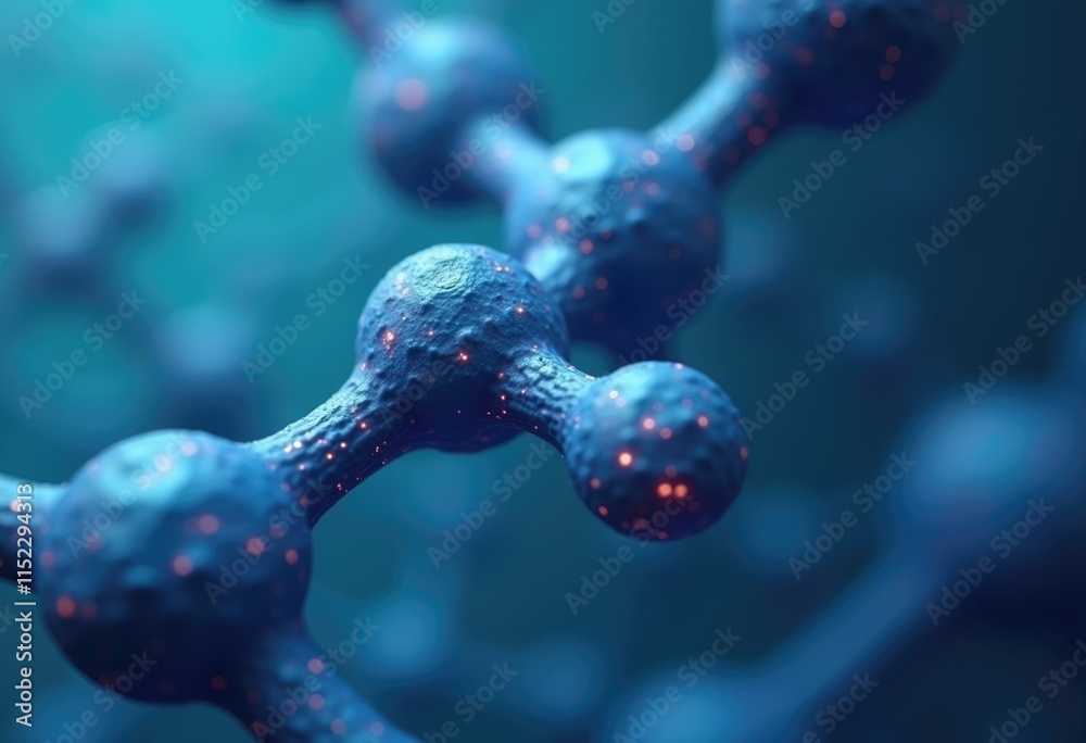 Poster a close up of a molecular structure with blue spheres and red dots.