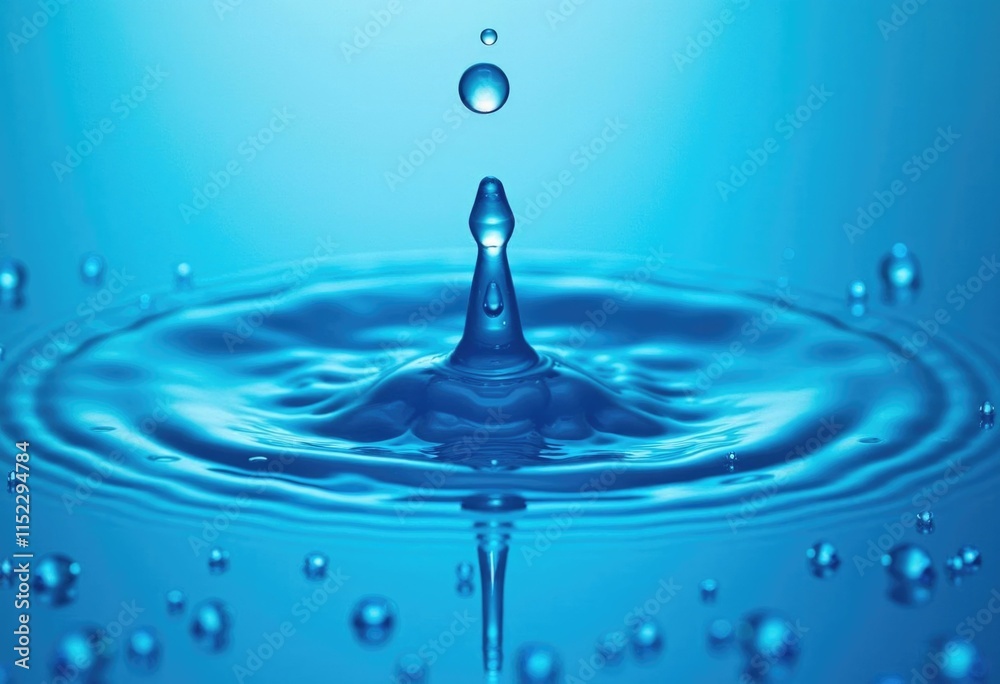 Poster a single water drop creates a crown shaped splash surrounded by ripples and bubbles.