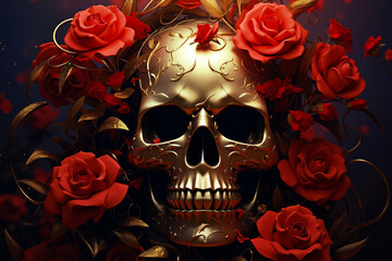 A gold skull surrounded by red roses on a dark background