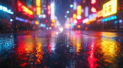 Fototapeta premium Vibrant city lights reflect on wet pavement during a rainstorm at night