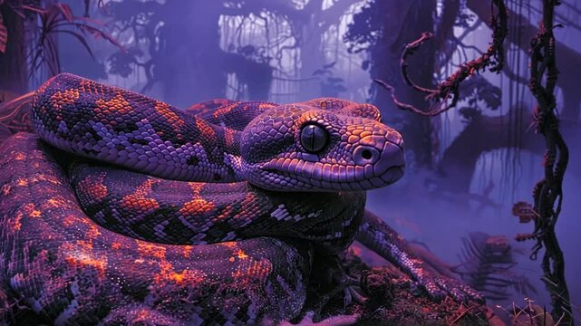 A vibrant python rests on a branch in a misty jungle, its colorful scales shimmering in the soft light of dawn. Surrounding foliage creates an enchanting atmosphere