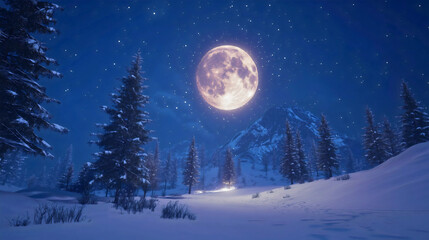 A beautiful, bright moon shining wonderfully in the depths of a snowy night, providing an aromatic and lovely serene scene, a full moon illuminating the snowy forest.