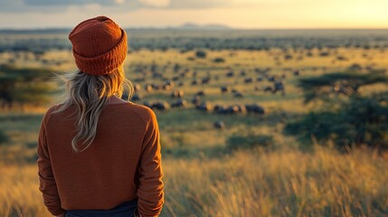 person gazes at vast savannah, surrounded by wildlife and golden