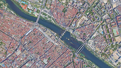 City of Zaragoza, the river that separates the city is the Ebro River, looking down aerial view...